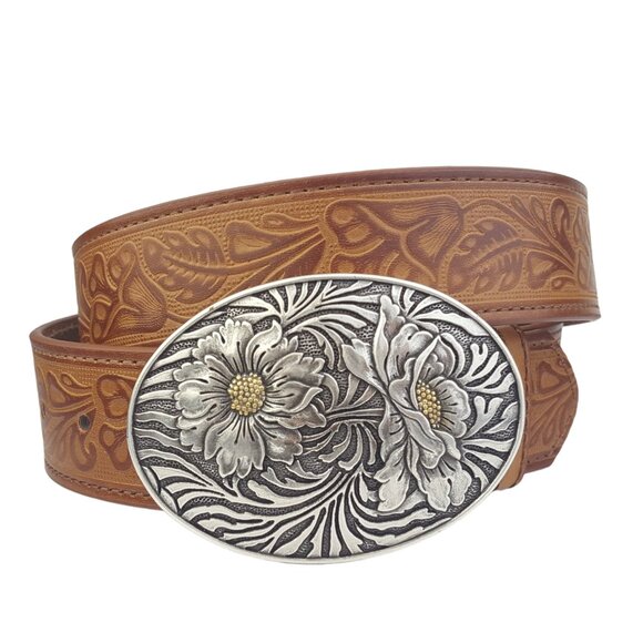 Western Sunflower Buckle w. Tooled Floral Belt